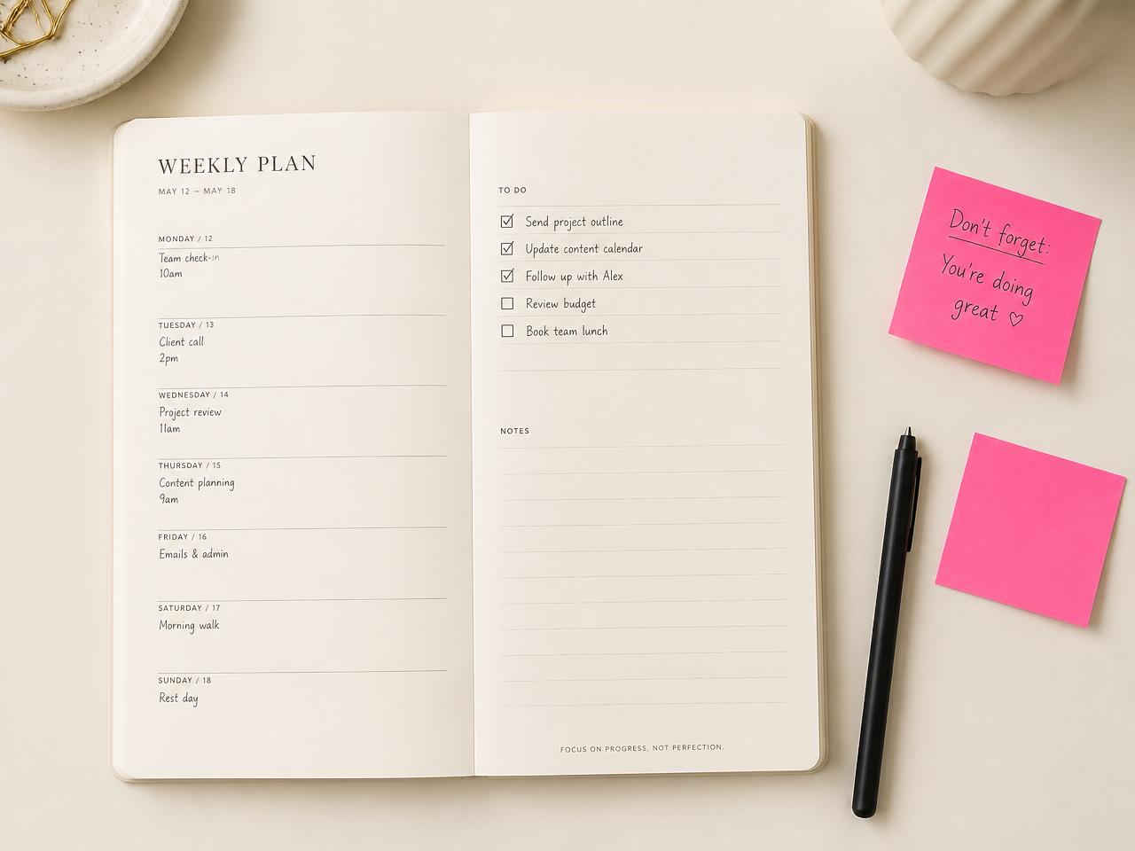 A weekly plan open on a cream desk with pink sticky notes and three tasks checked off